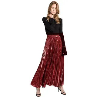 Milya Damen Lang A-Linie Plisseerock Maxi Faltenrock Blingbling - L