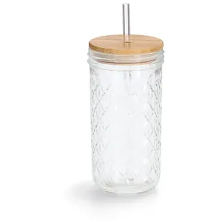 Zeller Present Trinkglas m. Bambusdeckel u. Glasstrohhalm, Trinkgläser, Transparent | Gr.: onesize