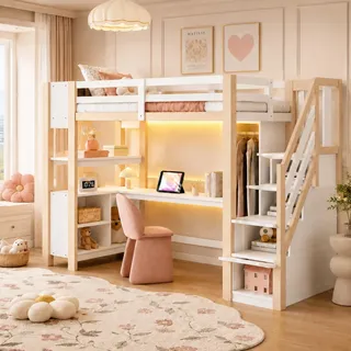 Merax Holz Hochbett 90 x 200 cm, mit Schreibtisch, Kleiderschrank, Treppe mit Stauraum, Regal und Ablagefach, Hochbett mit LED Lichtleiste und Steckdose, weiß & Holzfarbe (ohne Matratze)
