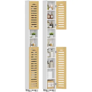 Hzuaneri Badezimmerschrank, Badezimmer Hochschrank, Weiß & Bambus | Badschrank Schmal mit 2 Bambustüren und 2 offenen Fächern, Verstellbare Ablagen, modern, 20 x 20 x 181,5 cm, BC28603X