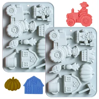 QUNXON 2 Stück Silikon Bauernhof Traktor Kuchenform, 3D Tortendeko Traktor Backform, Bauernhof Geburtstag Deko Backform Silikon für Kuchen, Pralinen, Desserts, Puddings, Eiswürfel, Seife (Blau)