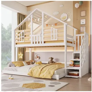 Merax Etagenbett 90x200/140x200cm im Hausdesign (Jugendbett Doppelbett, 1-St), Massivholz Stockbett Kinderbett mit Stauraumtreppe Fenster Dach Zaun weiß