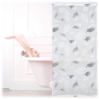 Relaxdays Duschrollo, 80 x 240 cm, Blatt Muster, Seilzug, flexible Montage, Duschvorhang für Badewanne, schwarz-weiß