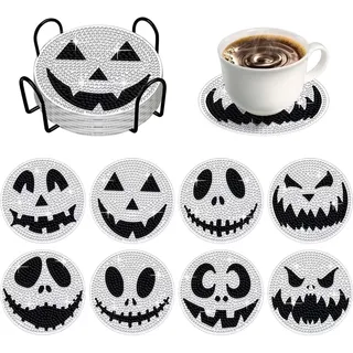 8 Stück Halloween Diamond Painting Untersetzer mit Halter Halloween Deko DIY Halloween Tischuntersetzer Glasuntersetzer 5D Diamant Painting Coaster für Erwachsene Kinder Anfänger,Kunsthandwerk (C)