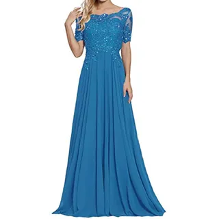 yhfshop Abendkleider Elegant,Schulter-Kurzarm-Partykleid mit Spitzenapplikationen-Meerblau_44,Ballkleid Brautjungfernkleider Festkleid