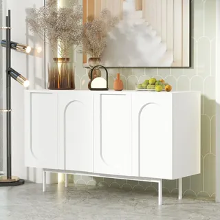 YuQozii Modern minimalistisches reinweißes Sideboard mit 4 Türen im Bogenmuster für Esszimmer und Wohnzimmer (Weiß)