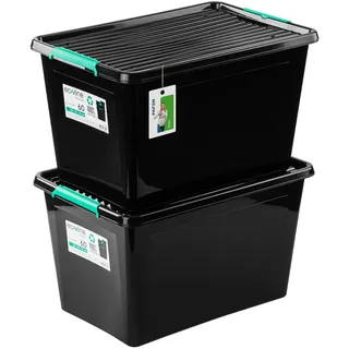 PAFEN 2X Aufbewahrungsbox auf Rädern Öko-Linie 60L - 58,5 39,5 x 35 cm - Boxen Aufbewahrung Stapelboxen mit Verschlussclips Kunststoffbehälter Kleiderboxen Organizer | Schwarz - Einheitsgröße