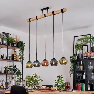 HOFSTEIN Pendelleuchte Koyoto, 5-flammige Hängelampe aus Metall/Holz/Riffelglas in Schwarz/Natur/Blau/Grün/Kupfer, Hängeleuchte im Boho/Retro-Design mit Holzstab, E27, Esszimmer, Küche, Wohnzimmer