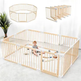 Laufstall Baby, Laufgitter Baby aus Holz, faltbar mit Tür & Sicherheitsverschluss, individuell formbarer Krabbelgitter Absperrgitter für Babys & Kleinkinder(214 * 141 * 61cm)