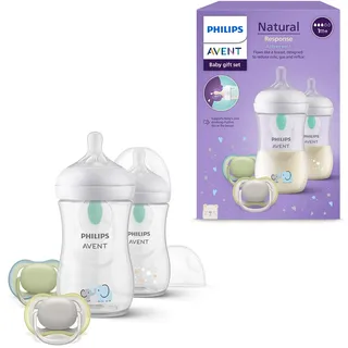 Philips AVENT Natural Response Geschenkset für Babys: 2x Natural Response Flaschen mit AirFree Ventil 260 ml (ab 1 Monat), 2x ultra air Schnuller (0-6M) (Modell SCD657/12)