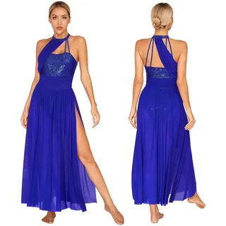 Damen Glitzer Tanzkleid Lyrisches Damen glitzerndes Pailletten-Ballett-Lyrical-Tanz-Abschlussballkleid, Neckholder, Spaghettiträger, Trikot-Kleider, Tanzbekleidung, Eiskunstlauf-Kostüm(Color:Royal Blu