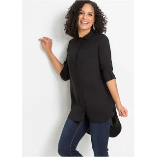 Langarmbluse BONPRIX "Bluse aus Baumwoll-Viskose Mix", Damen, Gr. 40, schwarz, Web, Obermaterial: 100% Viskose. Spitze: 100% Baumwolle, unifarben, bequem ca. Mitte Oberschenkel, Krempelärmel,mit Knopf,mit Riegel, Blusen, bequeme Passform, hinten länger, aus Viskose, mit Baumwoll-Spitze