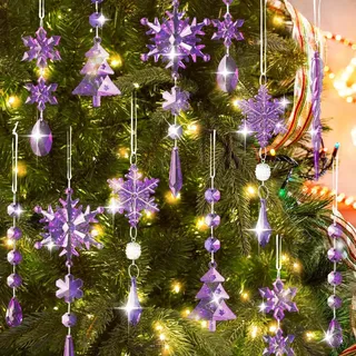 Lanpn 26 Stück Weihnachten Dekoration Kristall Christbaumschmuck Anhänger, Acryl Schneeflocken Eiszapfen hängende Ornamente, Weihnachtsbaumanhänger Weihnachten Party Hochzeit Neujahr Deko Lila