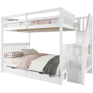 REDOM Etagenbett Holzbett (Treppenregal, ausgestattet mit zwei Schubladen, hohe Geländer, 140*200cm), ohne Matratze weiß