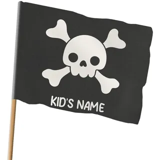 Personalisierte Kinder Flagge mit Namen Piraten Totenkopf | Motive für Jungen & Mädchen | Größen wählbar klein oder groß | 2 Montageoptionen (Ösen oder Tunnel) | geeignet für Garten, Spielturm [164]