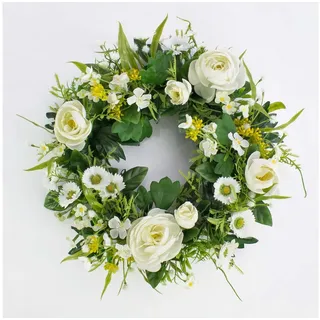 Kunstkranz Deko Sommerkranz, Ranunkeln, Gänseblümchen, Creme, Ø 25cm, artplants weiß