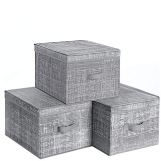 SONGMICS 3er Set Aufbewahrungsbox mit Deckel, Faltboxen aus Stoff mit Etikettenhalter, Stoffbox, Würfel, 30 x 40 x 25 cm, grau meliert RYFB03LG