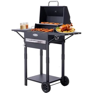 HOMAVO Holzkohlegrill mit Deckel, 2-in-1 Stand- & Tischgrill, Kompakter Grillwagen für Balkon & Garten, Thermometer, Warmhalterost, Mobil und Leicht zu Reinigen