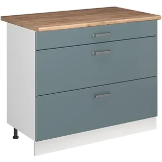 Vicco Küchenunterschrank R-Line, Blau-Grau/Weiß 100 cm | 3 Schubladen · Arbeitsplatte Eiche · Höhenverst. Füße · Metallgriffe · ✓ Frei kombinierbar