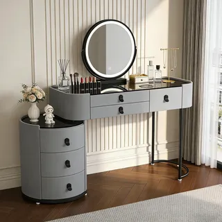 Generisch Luxuriöser Schminktisch mit Tischplatte aus Gehärtetem Glas, Frisierkommode mit 6 Schubladen für Schlafzimmer, Erhöhte Schutzrand, Montagefreundlich,Schwarz + grau