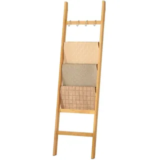 Yorbay Handtuchleiter Handtuchhalter Bambus, 6 Ebenen Leiterregal, 4 Haken und 2 Sicherheitsgurten, 43x170 cm, für Bad, Wohnzimmer 43 cm x 170 cm x 4 cm