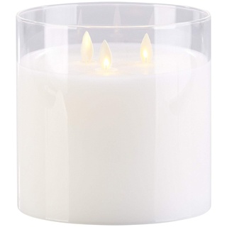 Britesta LED Kerze im Glas groß: LED-Echtwachs-Kerze im Windglas mit 3 beweglichen Flammen, weiß (Echtwachskerze, LED Echtwachskerzen im Glas, Kerzen Fernbedienung)