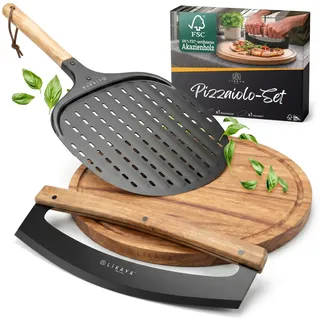 LIKAYA Pizzaiolo Set – Pizza Zubehör Profi Set mit Pizzaschieber 32x62cm, Pizzabrett 35cm & Pizza Wiegemesser 36cm – Pizzaschaufel, Pizzamesser & Pizza Brett aus FSC-Akazienholz