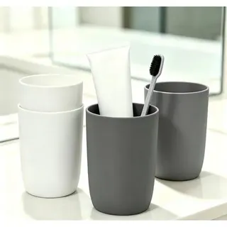 Topsky 4er Set Kunststoff Zahnputzbecher Kinder, Grau+Weiß 280ml | BPA-freier, bruchsicher, stapelbar & spülmaschinenfest. Vier Farben für Bad, Cam