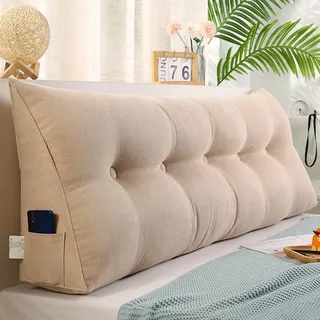 BaoTom Kissen Bett Rückenkissen, Lesekissen für Bett, Rückenlehne Kissen, Rückenpolster Wand Abnehmbar Lendenkissen Werden als Kopfteil, Sofa Rückenkissen Keilkissen mit Seitentasche(Beige,150*50*20cm