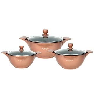 Cheffinger Topf-Set Kochtopf Kasserolle Topf Set 6-tlg mit Glasdeckel Cheffinger kupfer, Material: Aluminium, Stahl, Glas