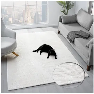 Vimoda Teppich Boho Design Unifarbe Hoch-Tief-Effekt, Rechteckig, Höhe: 6 mm, Teppich 3D Hoch-Tief-Effekt Modern für Esszimmer, Flur & Schlafzimmer weiß Rechteckig | 80 cm x 150 cm x 6 mm