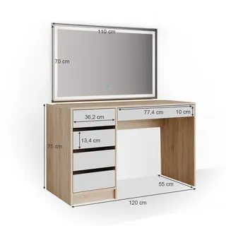 Vicco Schminktisch Sherry Sonoma Weiß Frisiertisch LED Spiegel Kommode Schublade