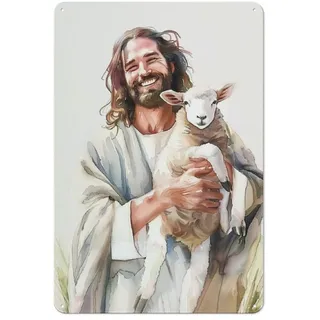 Lustiges Vintage-Blechschild, christliches Jesus, Metallposter, Jesus mit Lamm, Kunst, christliche spirituelle Bilder, Druck, Gott, Poster, Kirche, Raumdekoration, 20,3 x 30,5 cm