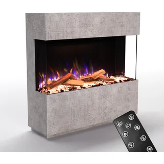 GLOW FIRE Kaminofen PR15 mit realistischem 3D E-Motion LED-Feuer - Stand-Elektrokamin mit Heizung und Kaminfeuer, Knistereffekt & Timer, max. 1500 W, 130x85,3x40cm, Beton