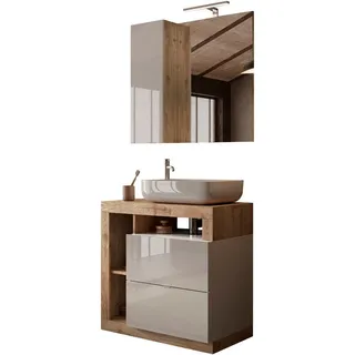 WELLTIME Badmöbel-Set »Hamburg, Badezimmerset 2tlg. Breite 79 cm, Badmöbel, Waschtisch inkl.«, (Spar-Set, 2 St.), Waschbecken, Spiegelschrank mit LED Aufbauleuchte, Soft-Close-Funktion, braun