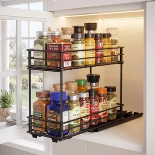 EasyVibe Gewürzregal Ausziehbar Schrank, 2 Etagen, Ewürzregal Ausziehbar für Küchenschrank, Gewürzregal herausziehen Organizer, Küchenschrank Regal