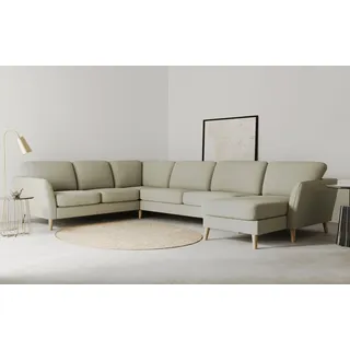 OTTO home Wohnlandschaft MARSEILLE XXL 349cm, U-Form, Ottomane rechts/links wählbar, Massivholzbeine Eiche, Landhausstil, Wellenunterfederung beige|braun
