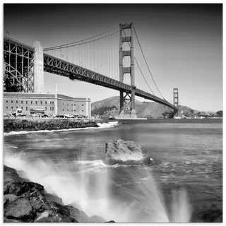 ARTland Wanddeko Glasbilder Wandbild Glas Bild einteilig 40x40 cm Quadratisch Amerika San Francisco Foto Schwarz Weiß Architektur Brücke Golden Gate Bridge Brandung S7WC