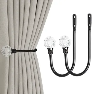 2 Stück robuste U-förmige Metall-Vorhanghalter Vorhang-Raffhalter Haken mit transparenter Kristallkugel-Raffhaltern für Vorhänge (2, Schwarz)