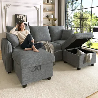 Multifunktionale Ecksofa U-form-dreisitzer Polster-sofa Mit Staufunktion – Inklusive Schubladen + Hocker Mit Staufach, Modular Zerlegbares Sofa-set Mit Schlaffunktion, Chenille-bezug