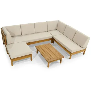 Xlmoebel Gartenlounge-Set Designer U-Form Ecksofa mit Holz Couchtisch und Hocker, (Gartenmöbelset (U-form Ecksofa + Hocker + Couchtisch), Hergestellt in Europa braun|weiß