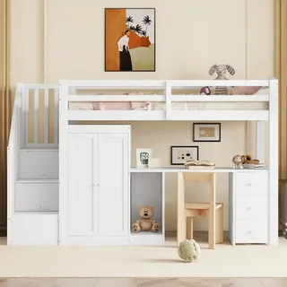 Merax 90 x 200cm Hochbett mit Kleiderschrank und Treppe, Schreibtisch und Schubladen und Schrank in einem, weiß