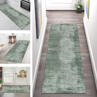 Teppich Läufer Flur Küche rutschfest Waschbar Korridor Teppichmatten 80X200CM Grün Modern Lang Küchenläufer Asbtrakt Teppichläufer Küchenteppich Schlafzimmer Meterware Eingang Wohnzimmer Flurläufer