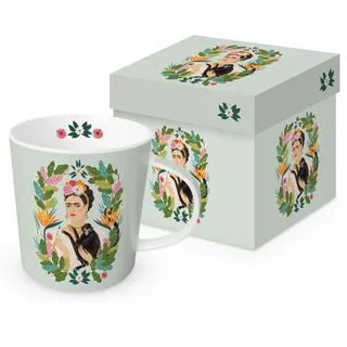 Frida Kahlo Kaffeebecher mit Geschenkbox, Porzellan, Künstlerisches Design mit Blumenkranz, Dekorative Tasse