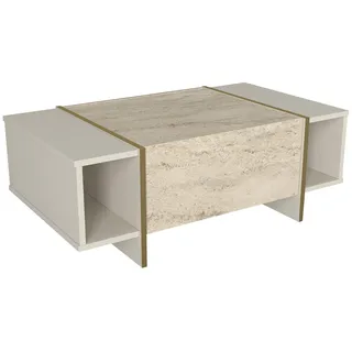 moebel17 Couchtisch, Moderner Sofatisch in Granitoptik, Tisch fürs Wohnzimmer aus Holz, Beige mit Granit Optik, Ablagefächer, Stauraum mit Tür, Designertisch, 103,8x37,3x60 cm 2567