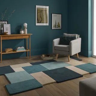 Wollteppich FLAIR RUGS "Abstract Collage, 100% Wolle", blau (aquablau), B:200cm H:11mm L:290cm, Wolle, Teppiche, Karo Design, Patchwork, modern, mehrfarbig, Wohnzimmer, Schlafzimmer