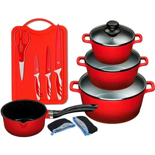 KING Topf-Set ALUGUSS, Aluminiumguss (Set, 14-tlg., je 1 Kochtopf 16/20/24 cm, 1 Stieltopf 16 cm, Schneidebrett mit Messer), Keramikantihaftbeschichtung, Induktion rot
