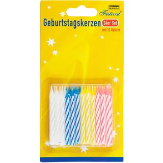 Idena 408199- Geburtstagskerzen Set, 24 Kerzen, in den Farben Blau, Gelb, Rosa, Weiß, Kuchenkerzen, Tortenkerzen, Happy Birthday, Geburtstag, Party