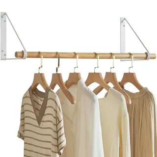 IBUYKE 80cm Holz Kleiderstange Wandmontage, Weiß TYJ005W | Industrierohr Garderobenstange mit 50kg Tragfähigkeit, Moderne Wand Kleiderständer für Schlafzimmer Badezimmer Balkon