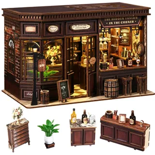 Book Nook Kit Taverne DIY Holz – 3D Puzzle Miniatur Haus mit LED Licht & Touch Sensor – Vintage Kneipe Bücherregal Deko & Buchstütze – Einsteigerfreundlich Geschenk für Erwachsene (Taverne)